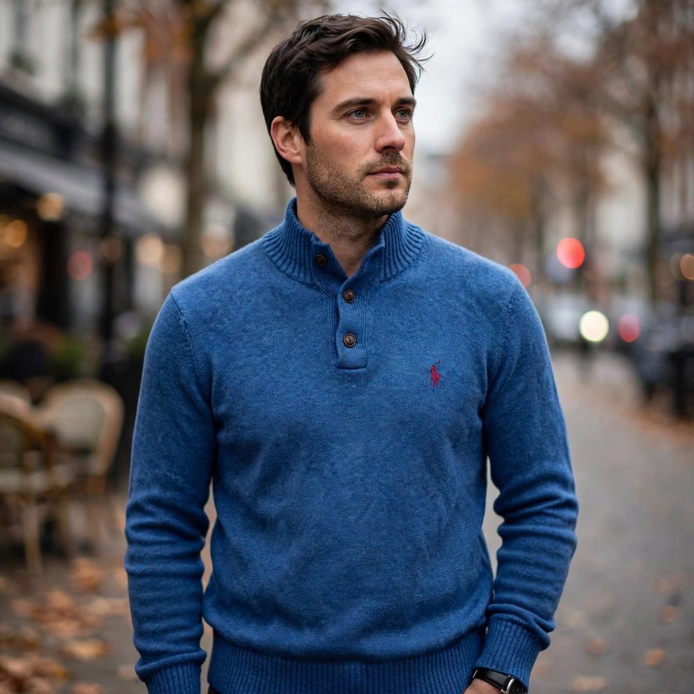 Ralph Lauren Men's Blue Cotton 1/4 button Mock Neck Sweater XL